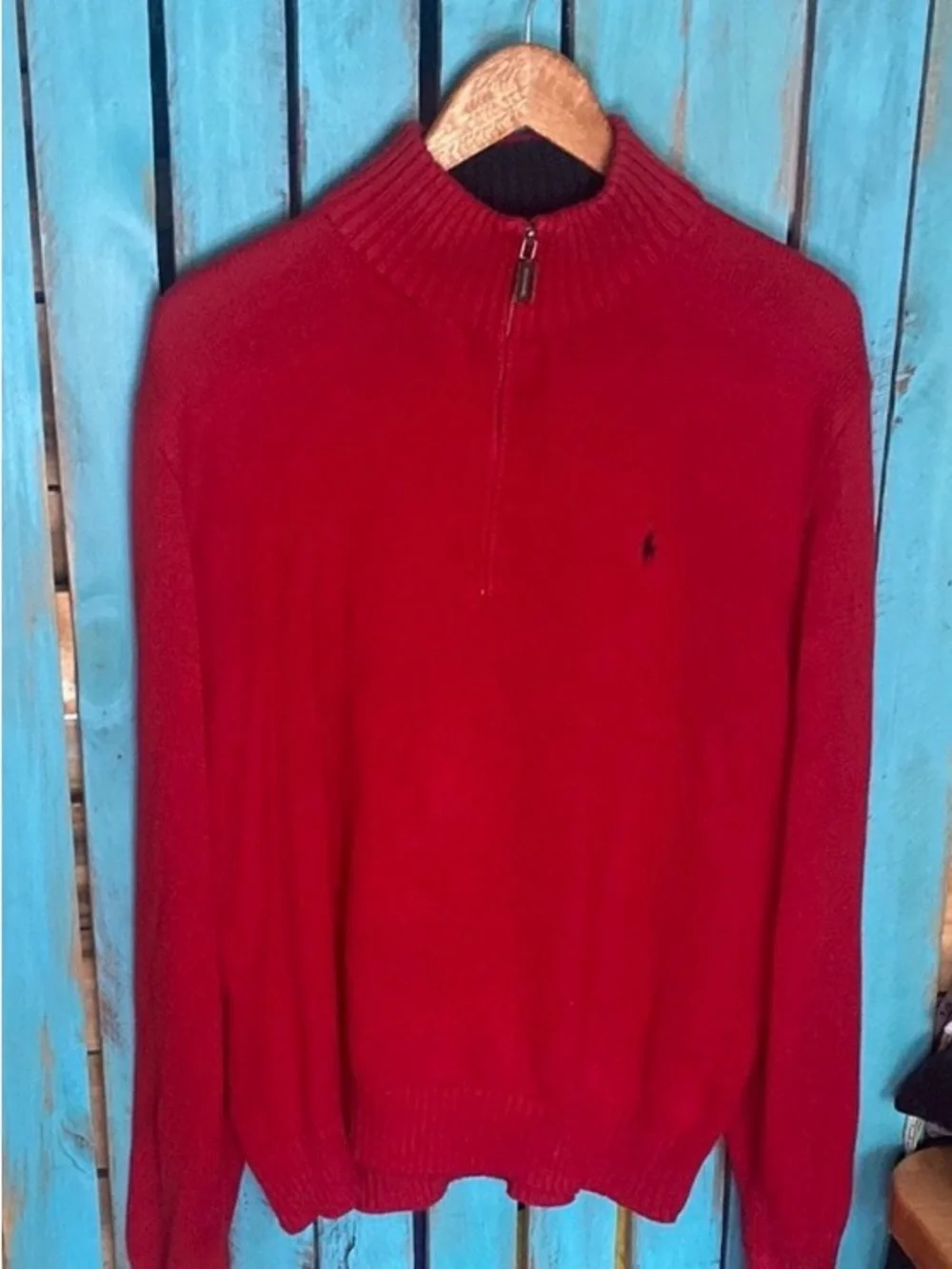 Polo Ralph Lauren Men's Red 1/4 zip pullover Sweater size XL black polo pony